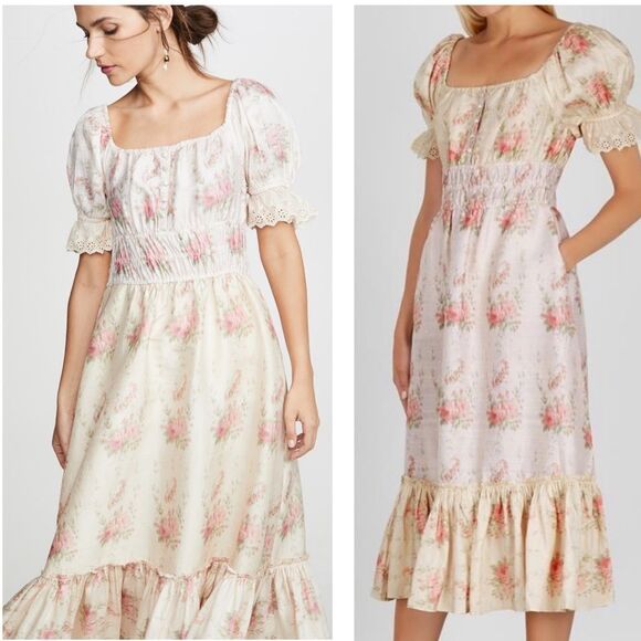 LoveShackFancy Terrence Floral-Print Ruffled Silk Dress - Picture 1 of 4